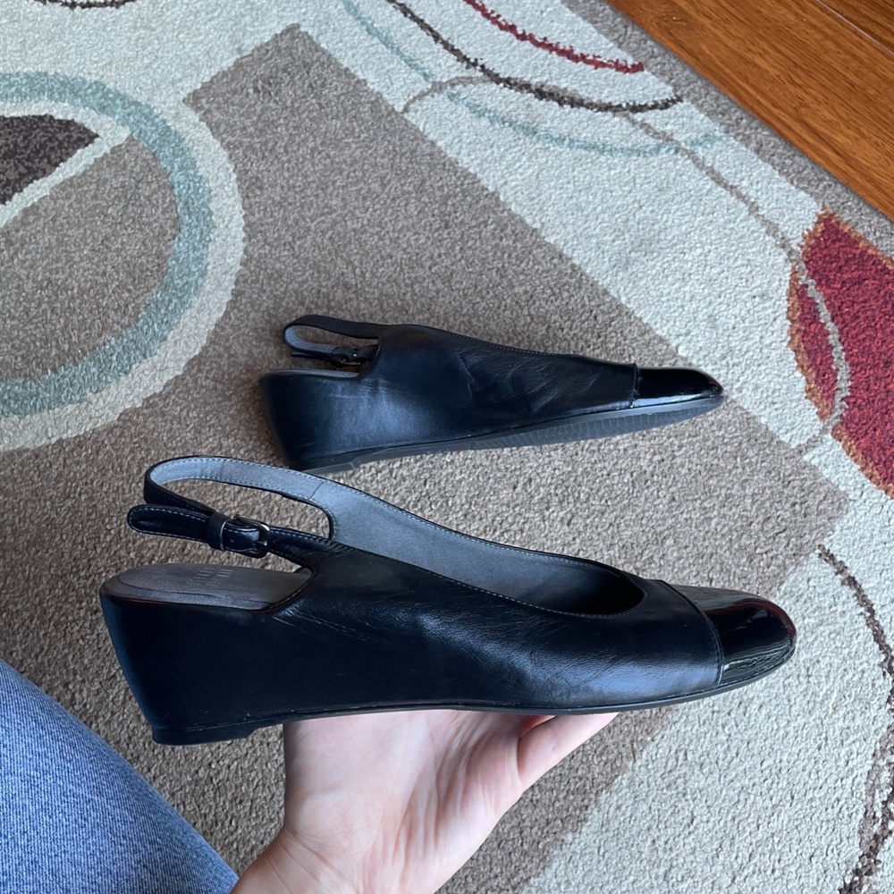 Stuart Weitzman Black Leather Slingback Wedge Pumps - Picture 3 of 10